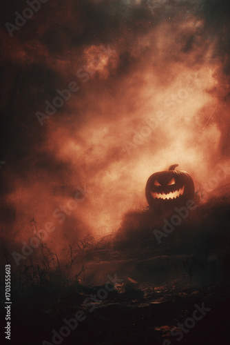 One pumpkin at night in an ominous fog, spooky Halloween background.