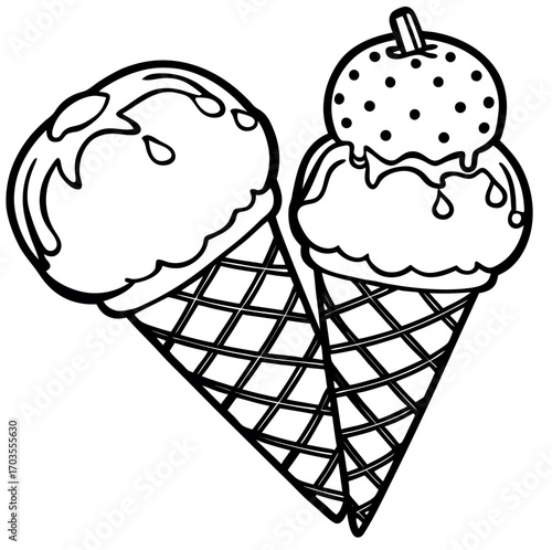 A colorful ice cream cone vector illustration with creamy vanilla and chocolate swirls, a delicious and sweet summer dessert icon