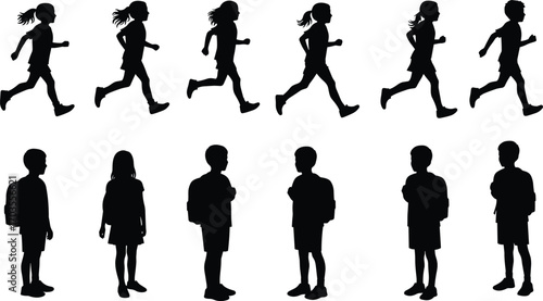 Silhouette of children walking, running, and standing with backpacks, school kids in motion, educational concept, student activity illustration