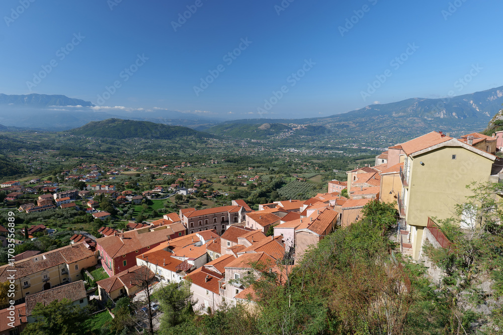 Obraz premium Panoramic view of the landscape of Colliano, a small town in Campania, Italy.