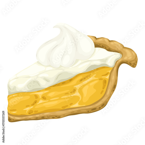 A delicious slice of lemon pie with hand drawn texture. This vector illustration features a rich lemon filling, a golden crust, and a generous layer of creamy whipped meringue. Perfect for menus