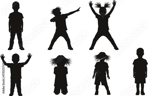 Silhouette of active children in playful standing poses, energetic kids jumping, dancing, stretching, childhood fun, movement expression, joy concept