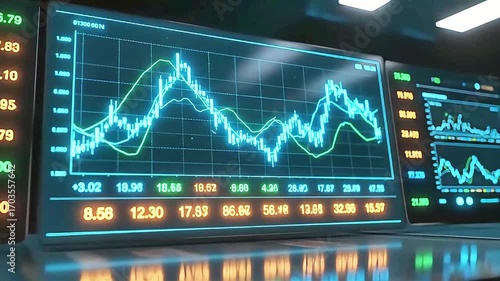 Financial analyst monitoring stock market data on digital trading screens showing fluctuating graphs and technical indicators