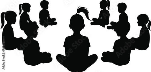Silhouette of children sitting in circle, group activity concept, kids learning together, teamwork, preschool education, classroom discussion vector