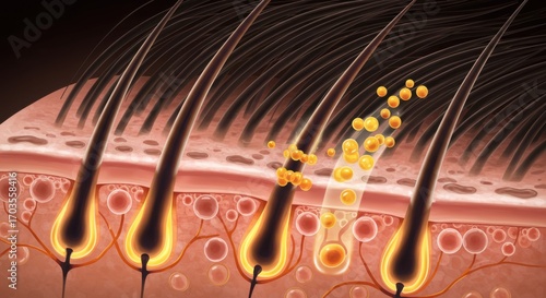 Hair follicles with molecular interaction in human skin illustration  