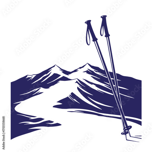 Vector illustration of snow covered mountains with ski poles ready for adventure