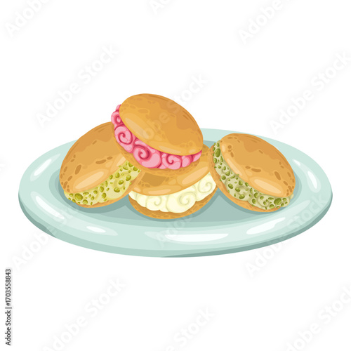 Adorable hand drawn vector illustration of Italian buns Maritozzi. These soft, sweet buns are perfect for promotions, cafe menus, Italian desserts and any design dedicated to homemade baking.