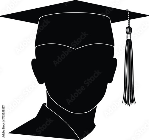 Silhouette of male graduate wearing cap and gown, education success concept, graduation ceremony vector, academic achievement, student celebration image