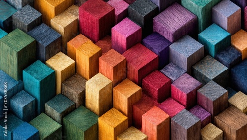 Colorful wooden cubes arranged in a geometric pattern