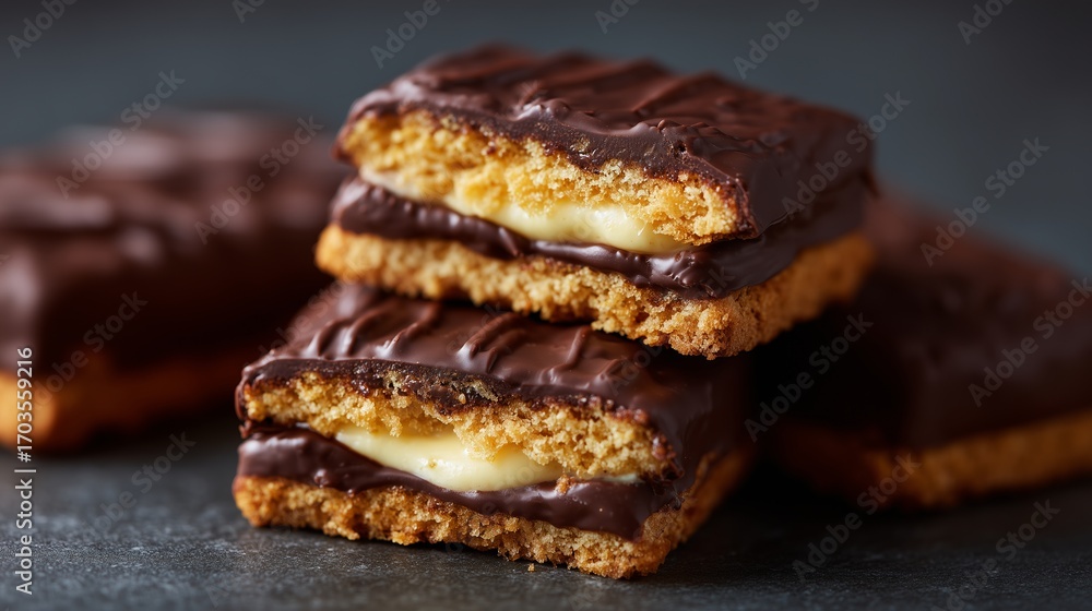 Close up of a pile of rectangular chocolate-covered biscuits with a creamy filling, showcasing rich textures and appetizing details, perfect for dessert lovers and snack enthusiasts Close up of a pile of rectangular chocolate-covered biscuits with a creamy filling, showcasing rich textures and appetizing details, perfect for dessert lovers and snack enthusiasts
