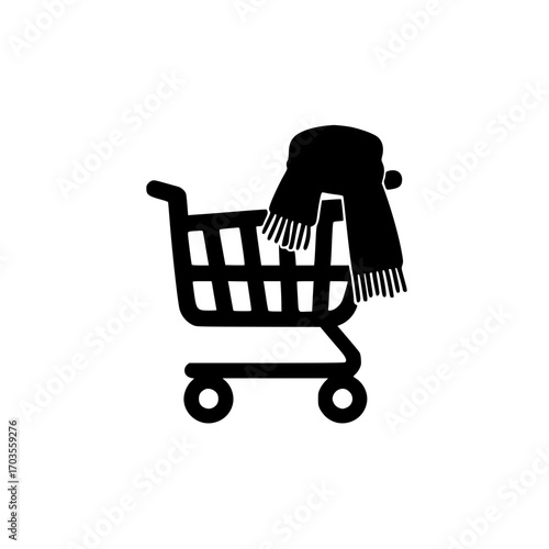 Vector of shopping cart carrying tiny winter scarf symbol for cold weather apparel and ecommerce