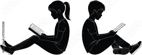 Silhouette of boy and girl sitting on floor reading books, children learning together, educational illustration for school, study, reading habit