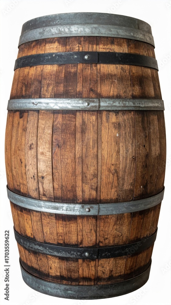 Fototapeta premium Detailed Studio Shot of a Rustic Wooden Barrel with Metal Hoops on White Background