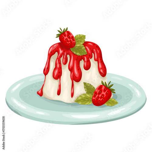 A delightful hand-drawn vector illustration of italian desert drizzled with strawberry sauce and garnished with fresh strawberries and mint leaves. Served on a light blue plate, this creamy dessert 
