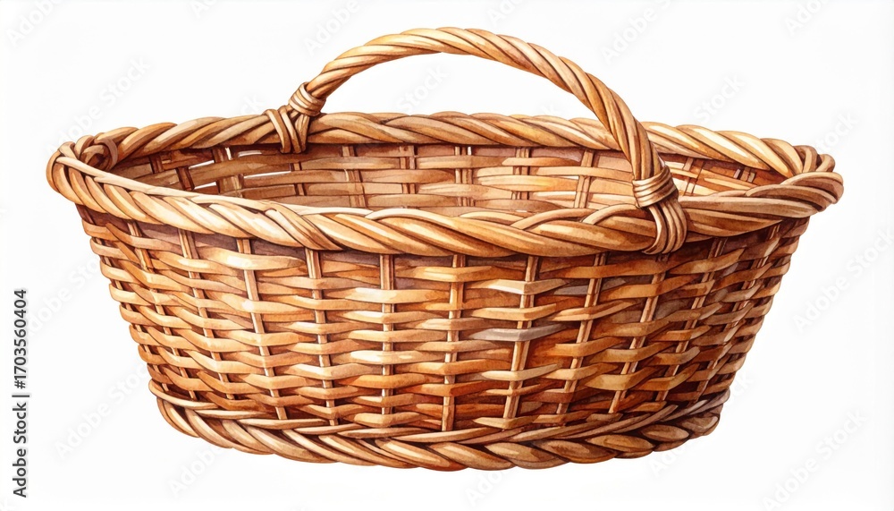 Obraz premium Wicker Basket with Curved Handle on White Background a Classic Container with Natural Texture and Neutral