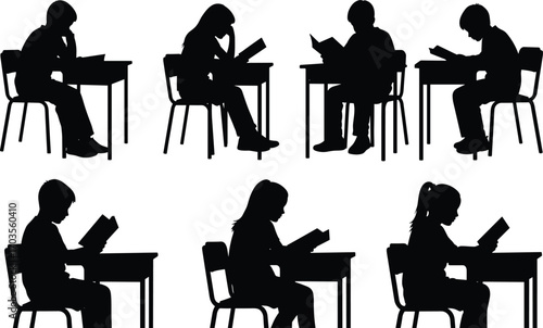 Silhouettes of students reading books at desks, education concept, classroom study posture, back to school illustration for learning themes