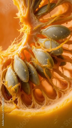 Close-up of a pumpkin's interior showcases its seeds and fibrous strands, highlighting its natural texture and organic composition.