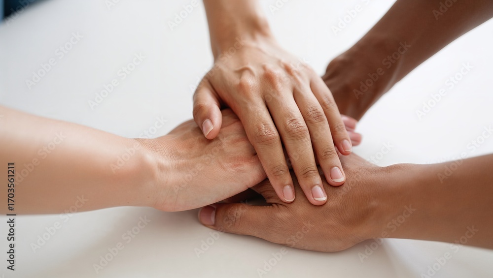 Obraz premium Diverse hands stacked together in unity on white table