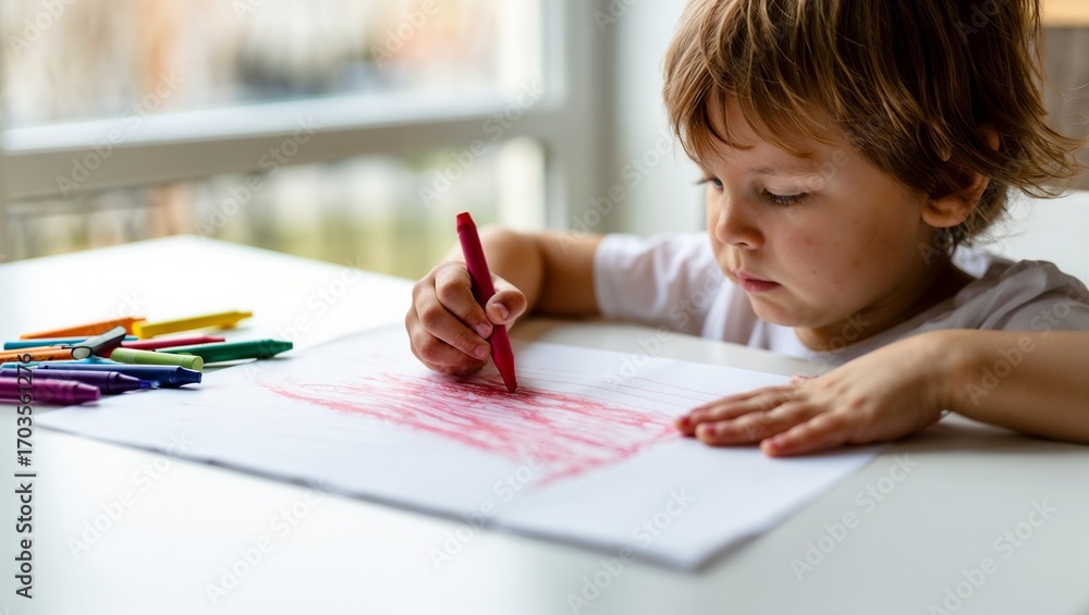 Child drawing with red crayon at white table Child drawing with red crayon at white table