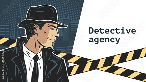 Detective man in retro hat on noir city banner
