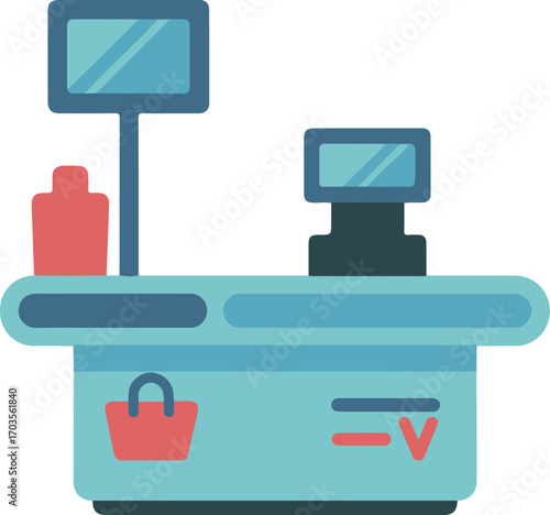 Flat design checkout counter with monitor scanner and shopping bag for retail and e-commerce services vector . eps