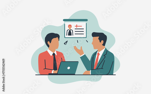Flat design icon mentor guiding employee in business meeting with presentation screen and laptop vector . eps