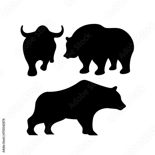 A monochrome illustration featuring a silhouette of a buffalo and two bears