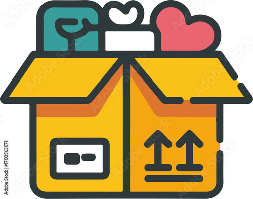 Flat design icon representing subscription box contents gift items and love symbolizing delivery service vector . eps