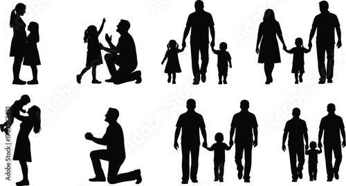family silhouettes collection, parents with children, father mother walking, mom dad holding hands, parenting concept, happy family together, parent child bonding, love care parenting