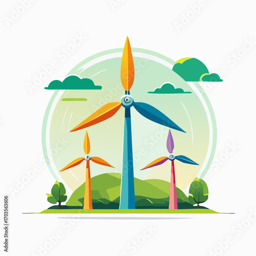 Wind Turbine Energy Farm Illustration in Flat Vector Renewable Power Design

