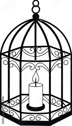 Elegant black and white lantern with a softly glowing candle, vector art, romantic light