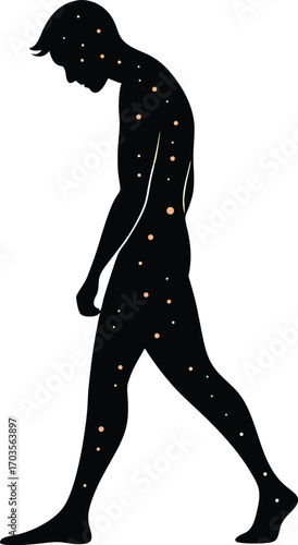 Silhouette of a walking man with golden specks conveys stress, burnout, and mental health struggles