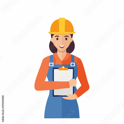 Female Construction Worker Holding Clipboard Illustration in Flat Vector Design
