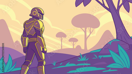 Futuristic explorer standing on alien planet with trees and hills, dynamic vector art style