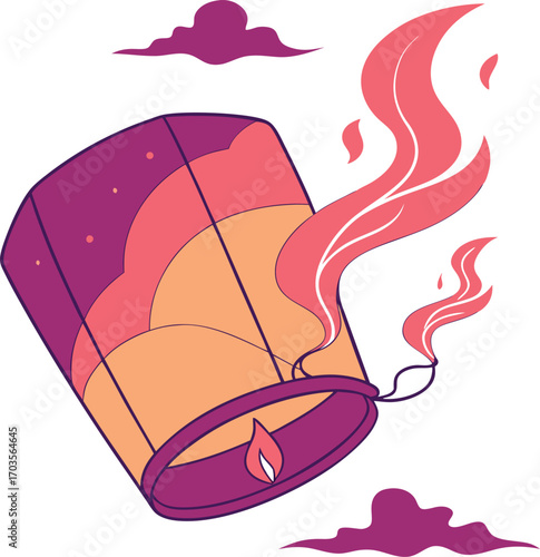 Festive sky lantern floating gracefully upwards in vibrant colors, a symbol of peace and hope