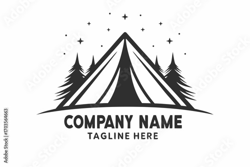 A simple dark tent stands between two trees under a starlit sky above