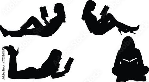Young woman reading book, multiple poses, silhouette images, relaxing reading time, leisure activity, learning, education, casual lifestyle, quiet moments, peaceful study.