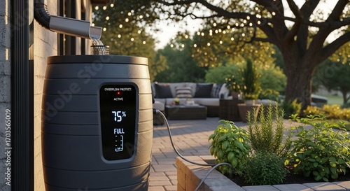 Modern smart rain barrel collects rainwater for garden irrigation on a beautiful backyard patio with string lights and lush greenery