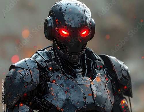 Metallic Robot with Glowing Red Eyes