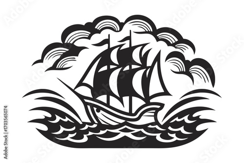 A stylized black ship sails on wavy seas under clouds above