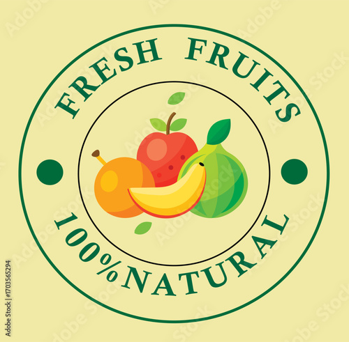 Fresh Fruits Juice Round Label Design with Green Font on Light Yellow Background Vector Illustration