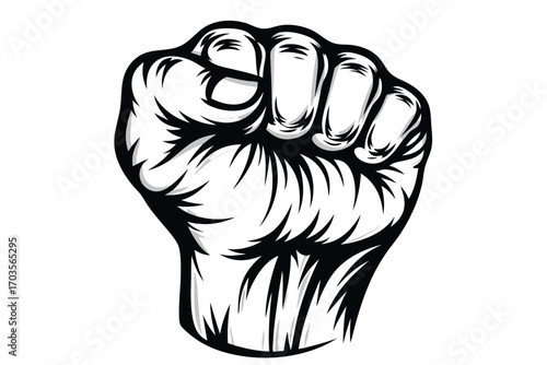 A stylized monochrome closed fist points upward with bold contour lines on a white background
