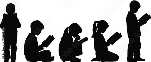 Silhouettes of children reading books in different poses, education, learning, knowledge, literacy, childhood, study, concentration, school, imagination, reading habits, development, growth,