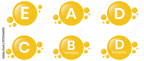 Vitamin E, A, C, D, B complex with drop bubbles icon vector. Vitamin E, A, C, D, B shining pill, capsule icon. Vitamin icon in flat style. Vector illustration.