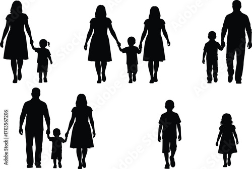 Silhouettes of parents and children walking together, holding hands, family love, bonding, motherhood, fatherhood, parenting, childhood, connection, unity, care, togetherness, walking forward