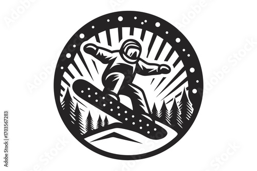 An astronaut in suit glides down a mountain on a snowboard amidst stars