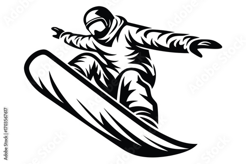 Animated character wearing full snowboard gear joyfully rides the board with outstretched arms