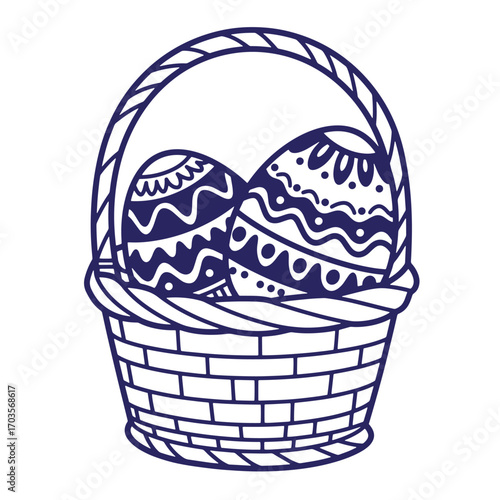 Decorative easter basket filled with two ornate eggs isolated on white background