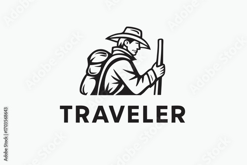 Bearded figure wearing a hat holds a walking stick illustration for company name branding