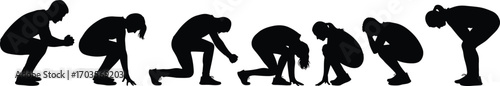 Silhouettes of people in crouching and bent postures, showing stress, exhaustion, fatigue, mental strain, emotional tension, isolated body language